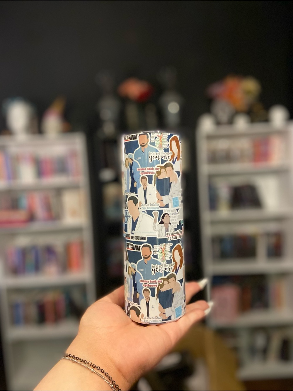 Grey's Anatomy Blue and Cream Character Collage Travel Tumbler